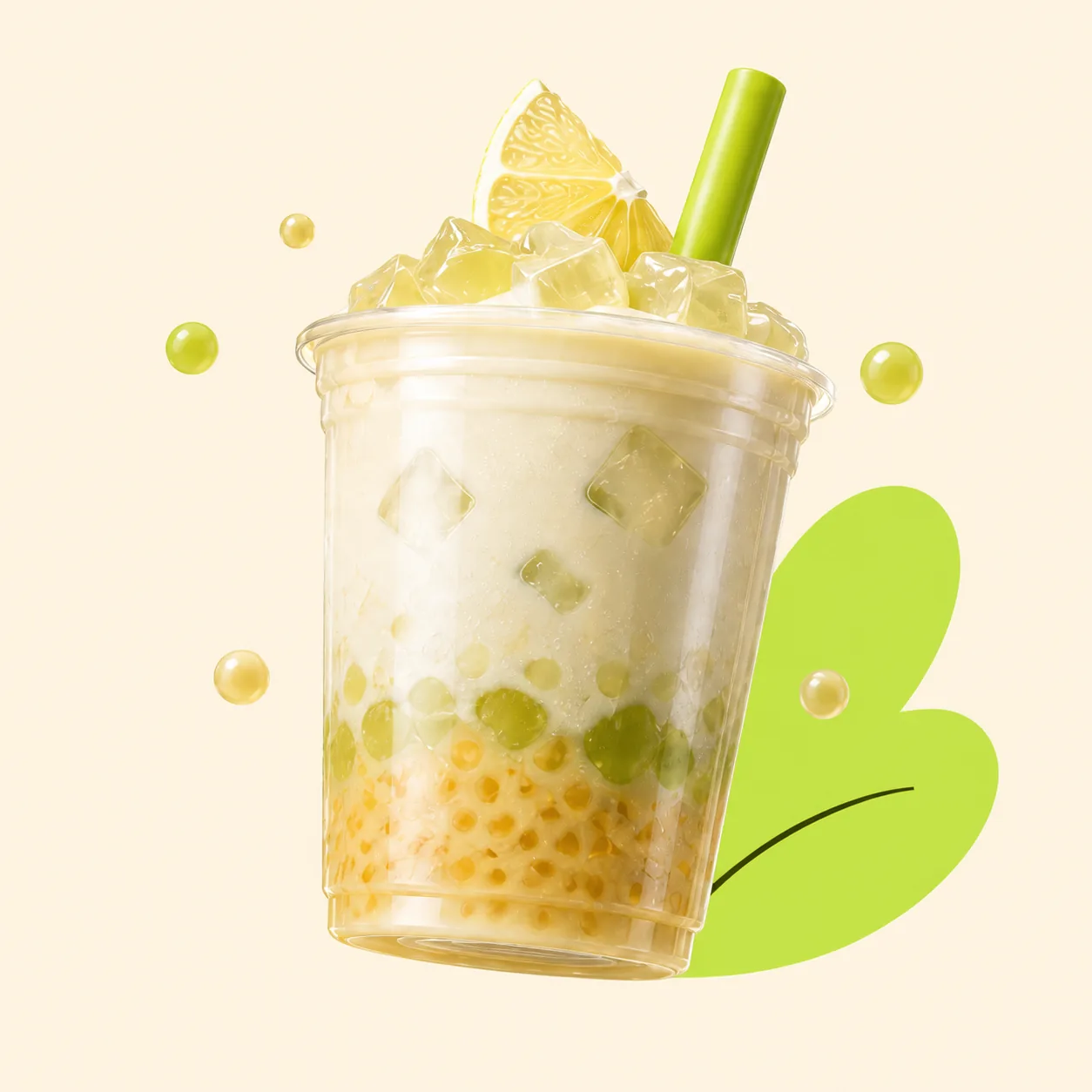 青柚落叶奶茶，浅绿色青柚燕麦奶茶中有脆啵啵