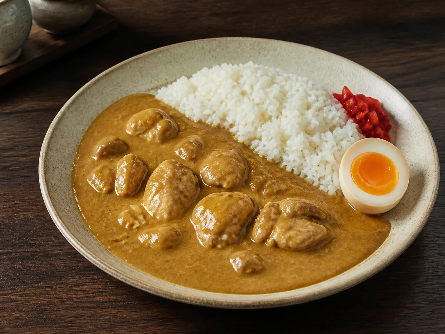 奶油鸡腿咖喱饭配半熟蛋